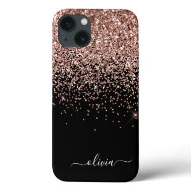 Blush Pink Rose Gold Black Glitter Monogram Name C iPhone 13 Case