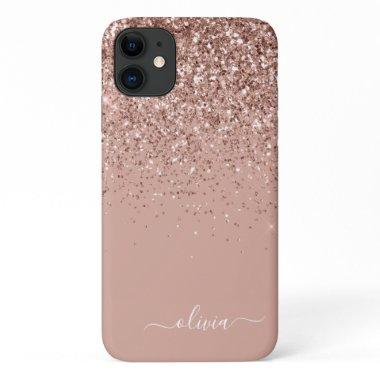 Blush Pink Rose Gold Glitter Monogram Name iPhone 11 Case