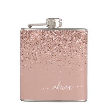 Blush Pink Rose Gold Glitter Monogram Name Flask