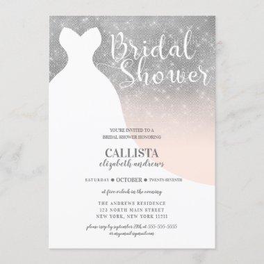 Blush Pink Silver Glitter Dress Bridal Shower Invitations