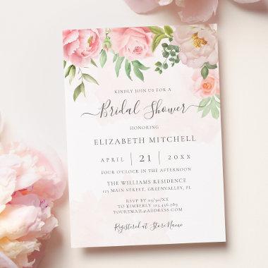 Blush Pink Watercolor Floral Peony Bridal Shower Invitations
