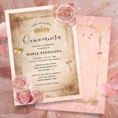 Blush Pink Watercolor Rose Gold Quinceanera Invitations