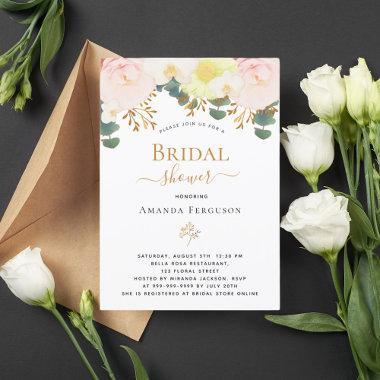 Blush pink white floral yellow bridal shower Invitations