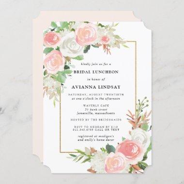 Blush Pink White Rose Floral Bridal Luncheon Invitations