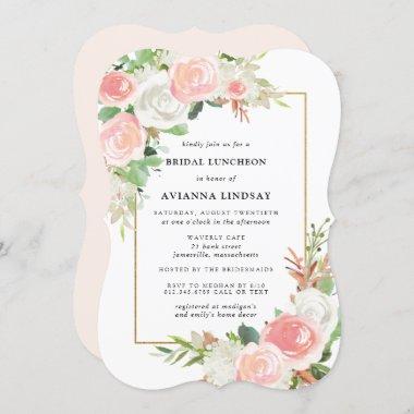 Blush Pink White Rose Floral Bridal Luncheon Invitations