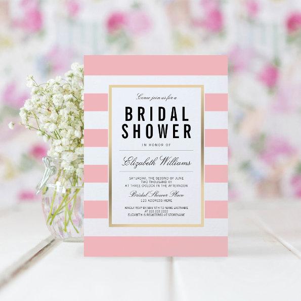 Blush Pink White Striped Gold Bridal Shower Invite