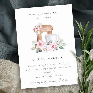 Blush Watercolor Mixer Floral Recipe Bridal Shower Invitations