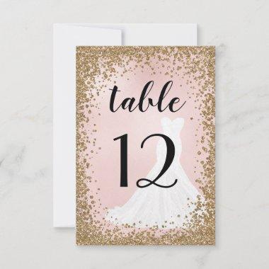 Blushing Glitter Bride Dress Table Number Card