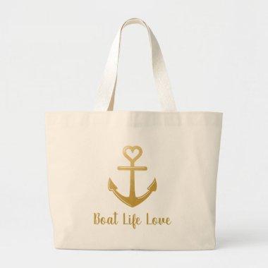 Boater Life Gold Anchor Love Heart Large Tote Bag