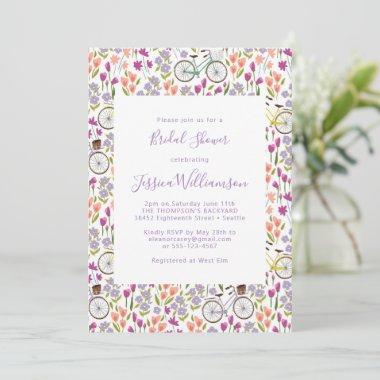 Boho Bicycle Floral Script Chic Bridal Shower Invitations