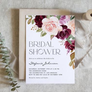 Boho Burgundy and Peach Flowers Fall Bridal Shower Invitations