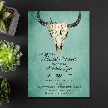 Boho Floral Cow Skull on Turquoise Bridal Shower Invitations