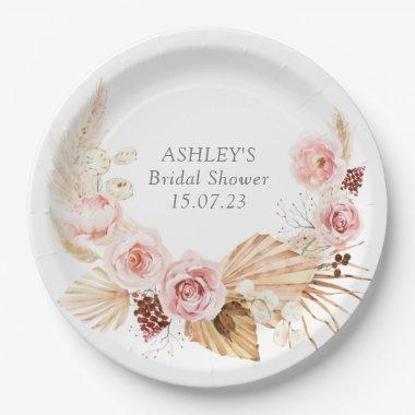 Boho floral pampas wreath Bridal Shower Paper Plates