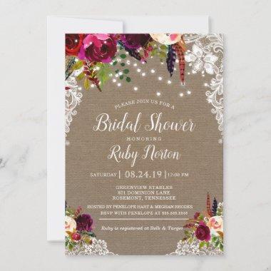 Boho Flowers with Burlap and Lace Bridal Shower Invitations