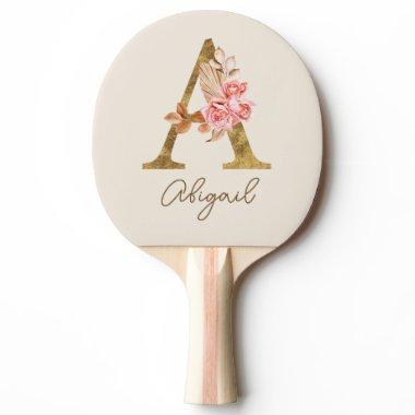 Boho Pink Roses and Gold Custom Letter A Monogram Ping Pong Paddle