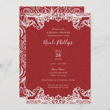 Boho Red & White Lace Bold Pattern Bridal Shower Invitations