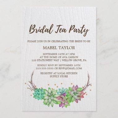 Boho Rustic Mint Floral Succulent Bridal Tea Party Invitations