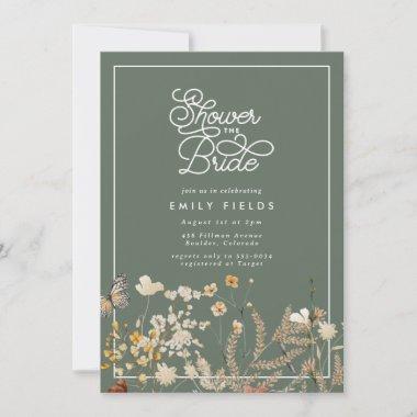 Boho Sage Green Wildflower Butterfly Bridal Shower Invitations