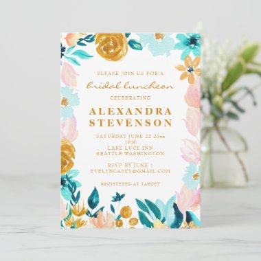 Boho Teal Watercolor Floral Bridal Luncheon Invitations