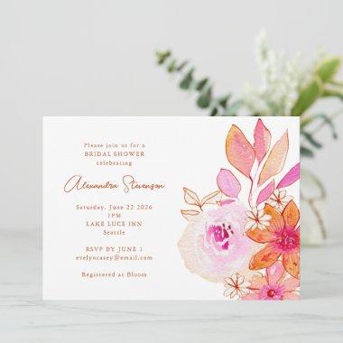Boho Watercolor Pink Orange Flowers Bridal Shower Invitations