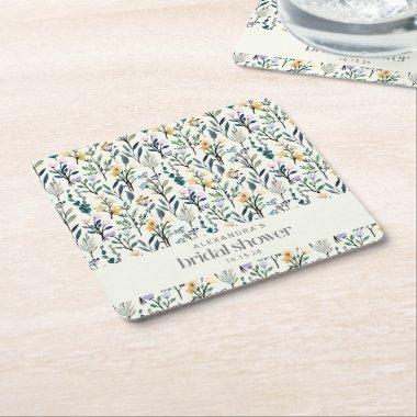 Boho Watercolor Wildflower Custom Bridal Shower Square Paper Coaster