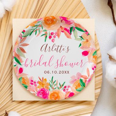 Bold fall floral watercolor bridal shower welcome paper plates
