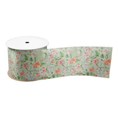 Bridal Green and Pink Tropical Flowers and Ferns Satin Ribbon