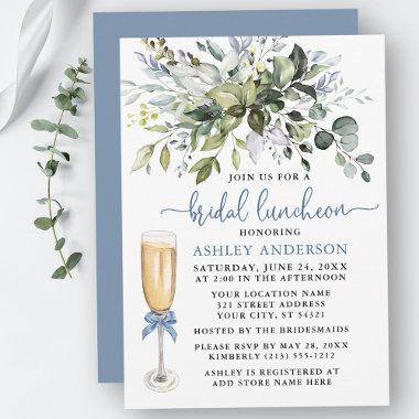 Bridal Luncheon Watercolor Greenery Dusty Blue Bow Invitations