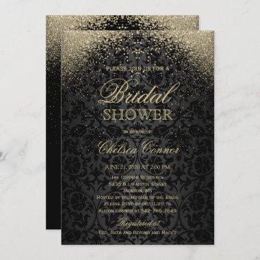 Bridal Shower - Black Damask and Gold Glitter Invitations