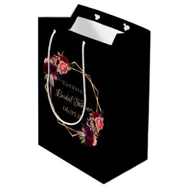 Bridal Shower black gold florals burgundy Medium Gift Bag