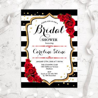 Bridal Shower - Black White Stripes Gold Red Roses Invitations