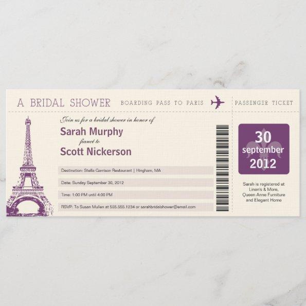 Bridal Shower Boarding Pass to Paris France Invitations