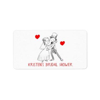 Bridal Shower Cartoon Bride Groom Black Red Label