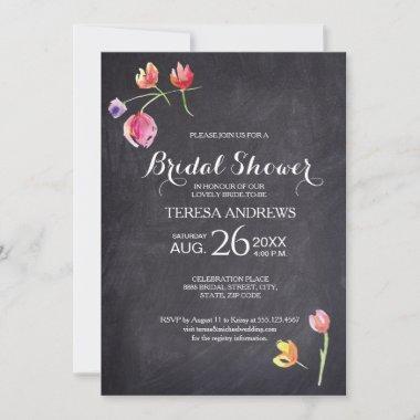 Bridal Shower, Chalkboard, Waterpaint Flower Invitations