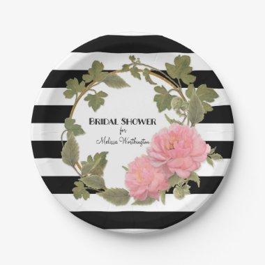 Bridal Shower Decor Black Striped Peony Wreath Paper Plates