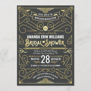 Bridal Shower Elegant Gold Gray Retro Art Deco Invitations