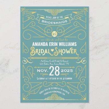 Bridal Shower Elegant Gold Turquoise Art Deco Invitations