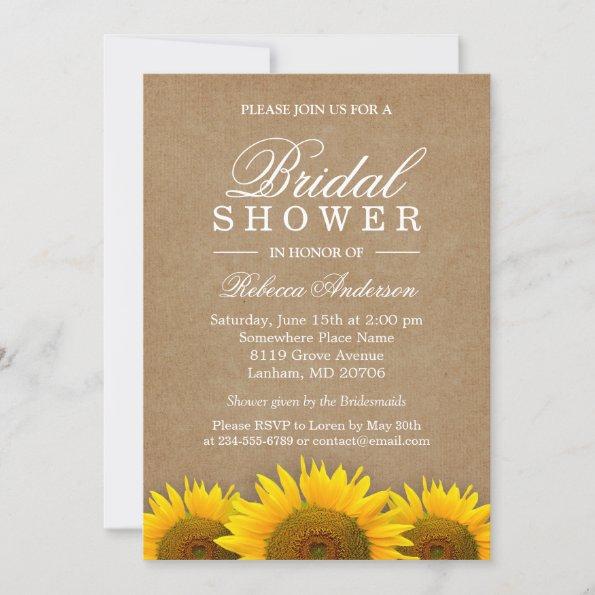Bridal Shower Elegant Rustic Sunflower Linen Kraft Invitations