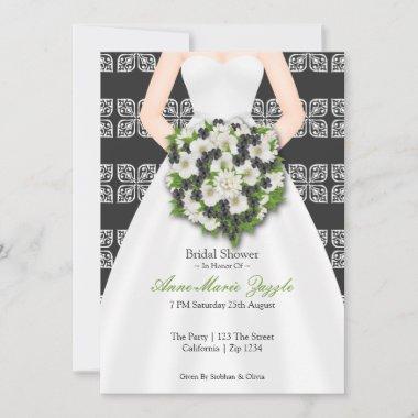Bridal Shower Elegant Wedding Dress Black Flowers Invitations