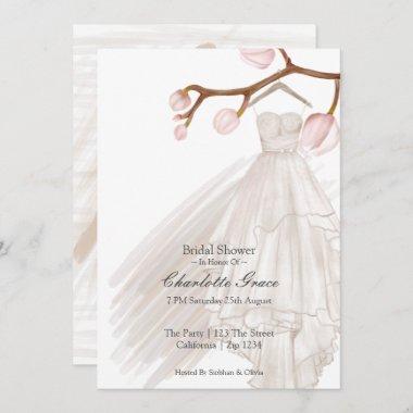 Bridal Shower Elegant Wedding Dress Pink Flowers Invitations