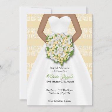 Bridal Shower Elegant Wedding Dress Yellow Flowers Invitations