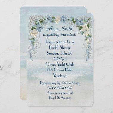 Bridal Shower Floral Arch On Ocean Watercolor Invitations