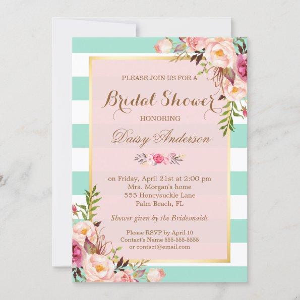 Bridal Shower Floral Baby Pink Mint Green Stripes Invitations