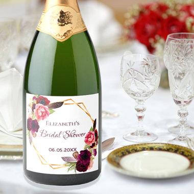 Bridal shower floral geometric white burgundy sparkling wine label