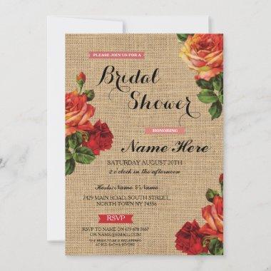 Bridal Shower Floral Red Roses Burlap Invite