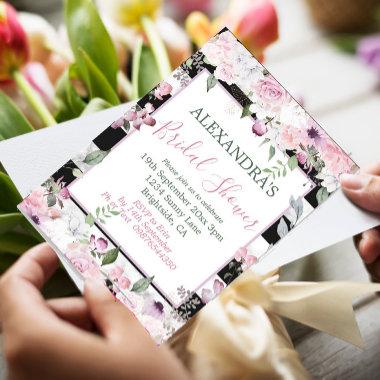 Bridal Shower Floral Rose Black White Stripe Invitations