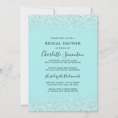 Bridal Shower Glitter Silver Teal Glam Invitations