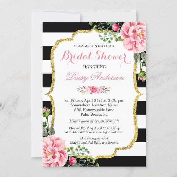 Bridal Shower Gold Pink Floral Black White Stripes Invitations