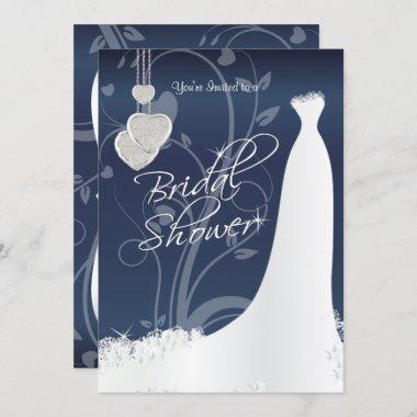Bridal Shower in Navy Blue Floral Satin Invitations