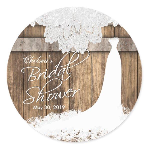 Bridal Shower in Rustic Wood & White Lace Classic Round Sticker